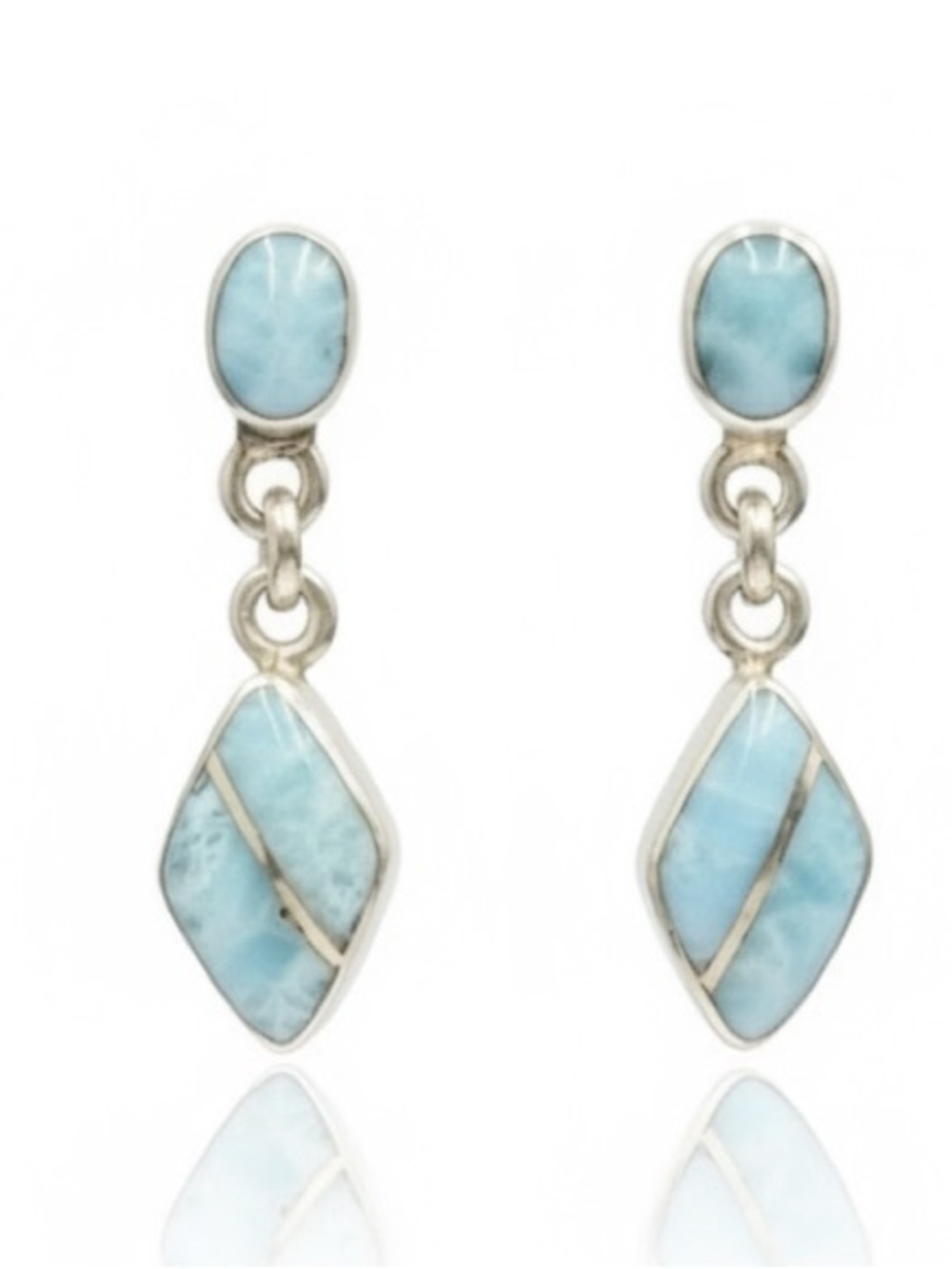 Vintage Larimar Sterling Silver Geometric Inlay Dangle Post Earrings 925